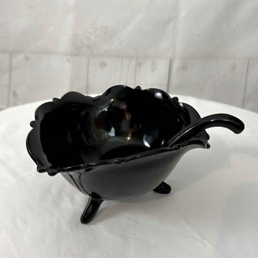 L.E. Smith Black Amethyst Vintage 3 Footed Condiment Bowl with Glass Ladle